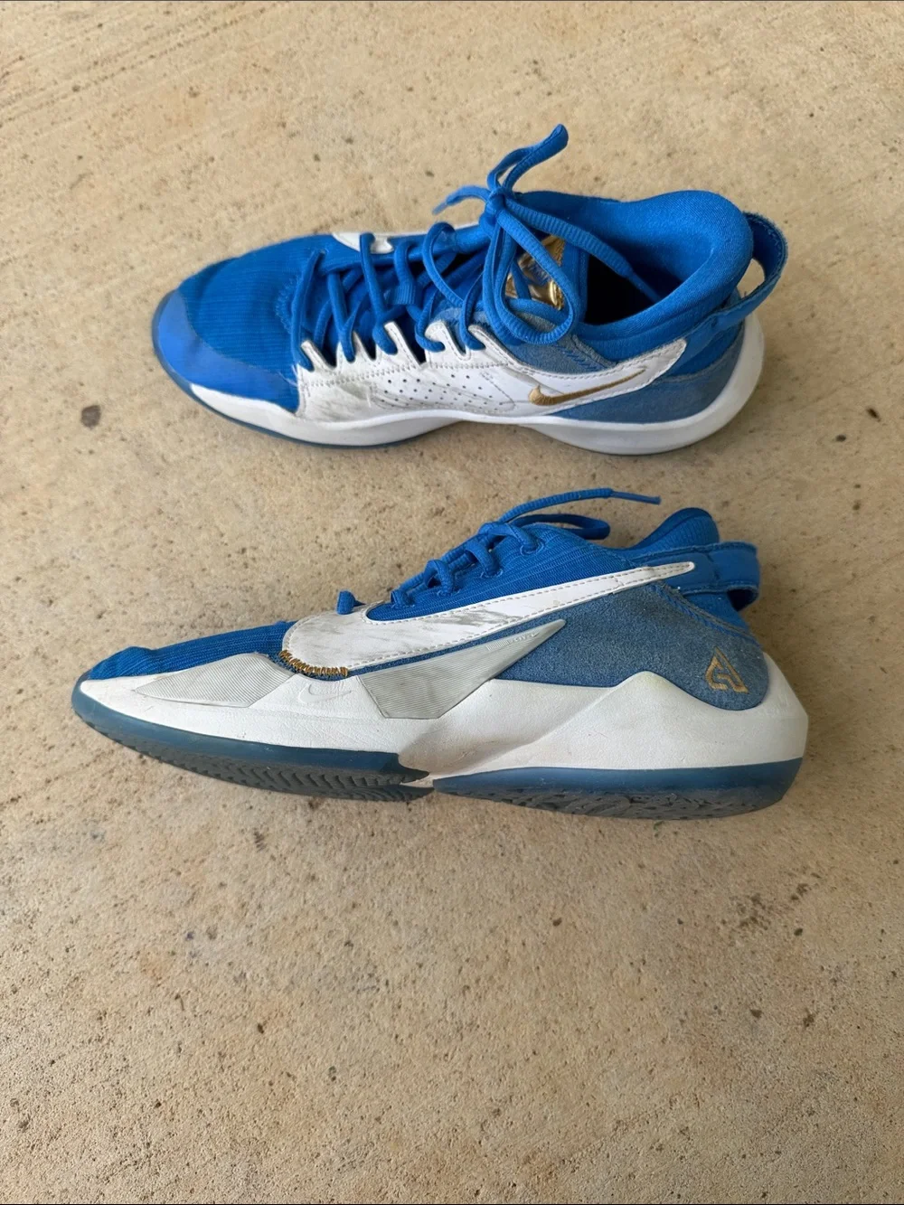 Nike Giannis Freak 2 Blue and White Basketball Shoes with Gold Swoosh